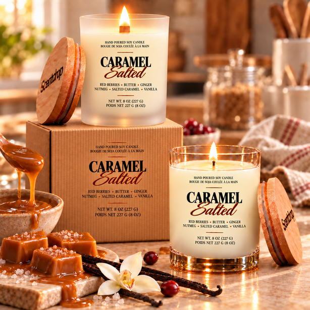 Two ScentDrop Canada scented candles with Caramel Salted on the labels and gift box in a cozy kitchen setting.