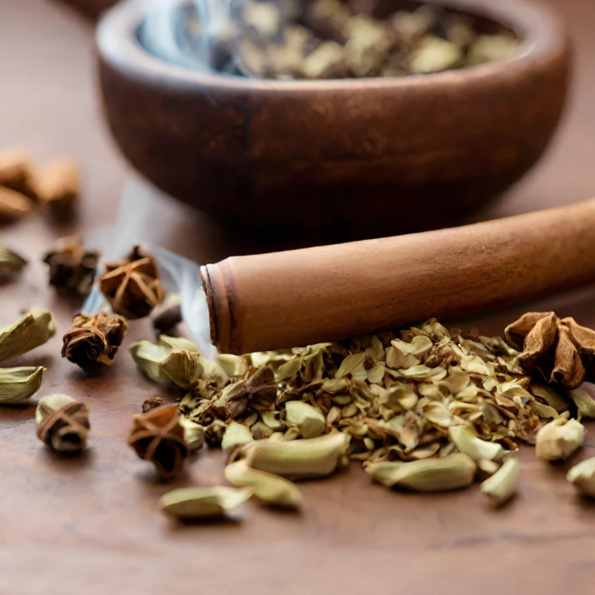 Spices including cinnamon stick and star anise on a wooden surface