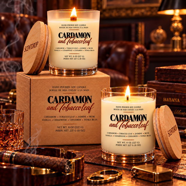 Two scented candles with Cardamon labels in a old school comfortable setting.