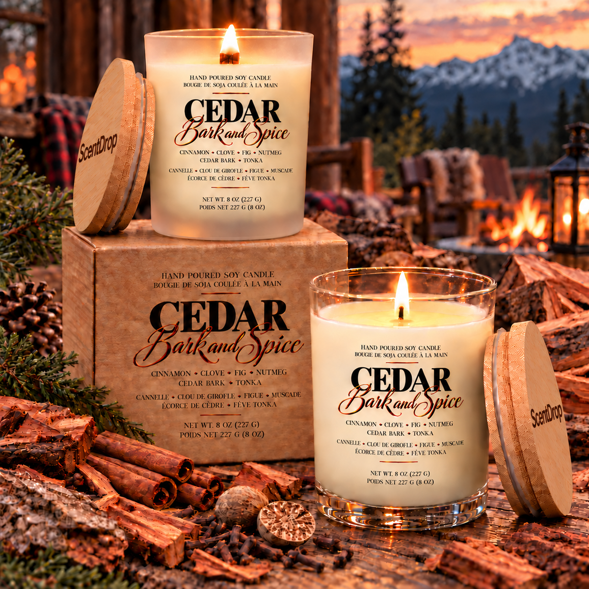 Two Cedar Bark and Spice candles in a relaxing woody scene.