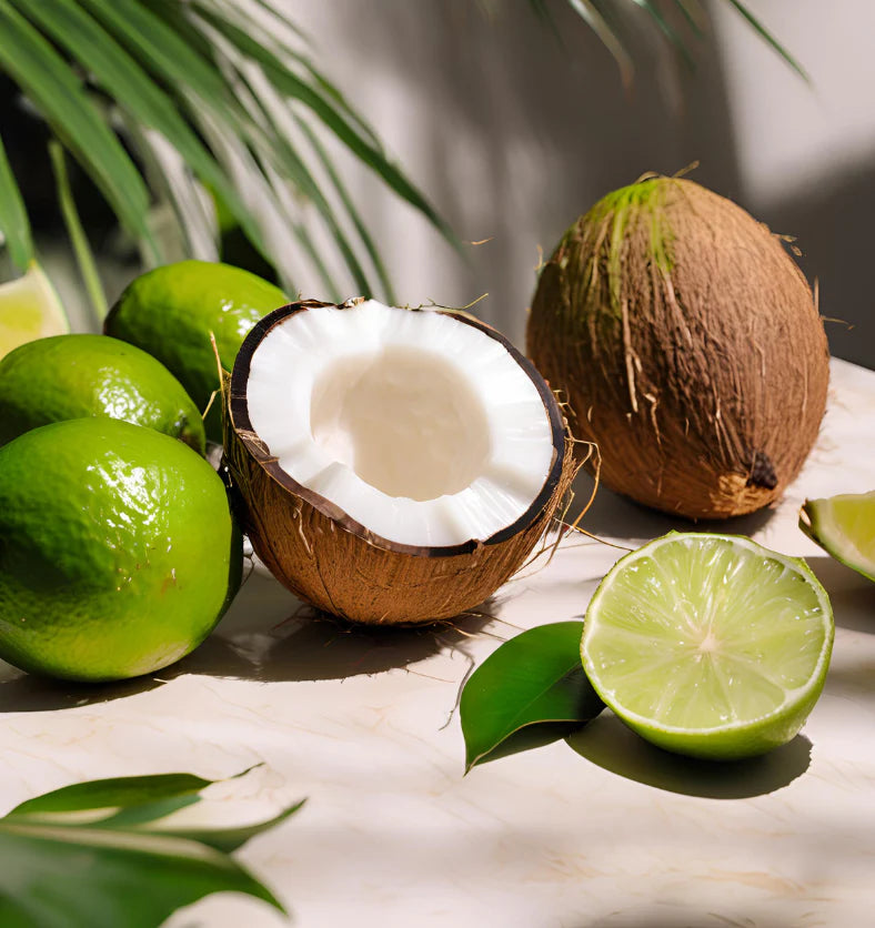 Coconut and limes on a marble surface with green leaves in the background