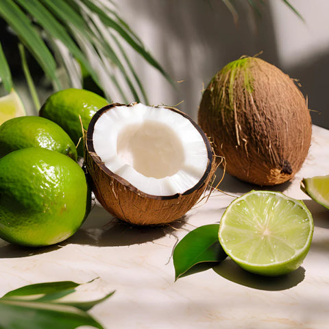Coconut and limes on a marble surface with green leaves in the background