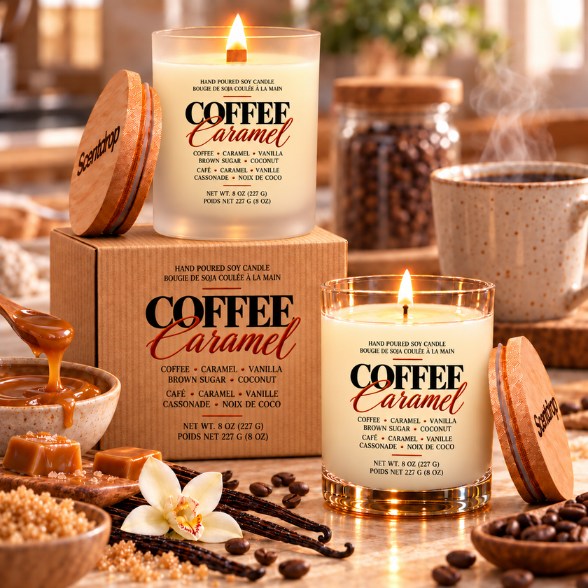 Two ScentDrop Canada Coffee Caramel scented candles displayed in a tranquil kitchen setting.