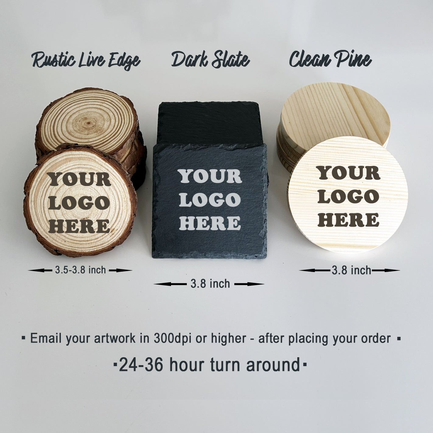 Wooden coasters and a slate coaster with 'Your Logo Here' text on a gray background.