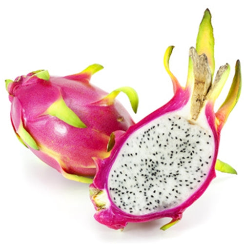Dragon fruit with a cut half showing its interior on a white background
