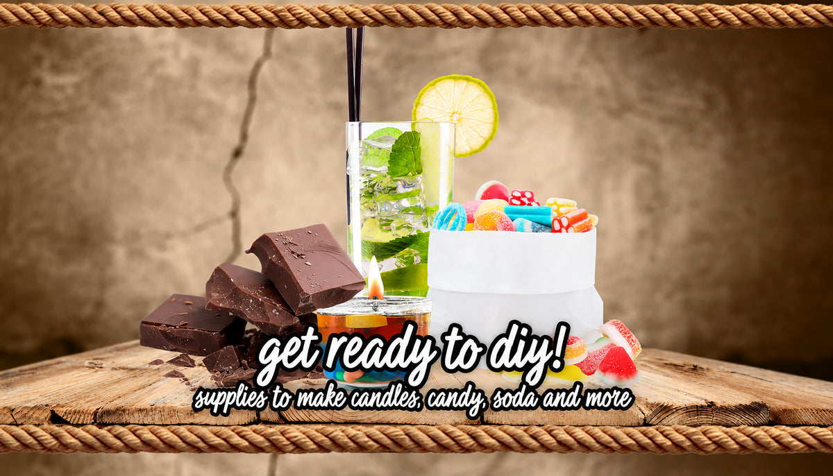 A styled product display for DIY supplies featuring a glass of green iced drink with a lime slice, chocolate bars, a small candle, and a white cup filled with colorful candies, arranged on a wooden surface with rope borders and the text 'get ready to diy! supplies to make candles, candy, soda and more'.