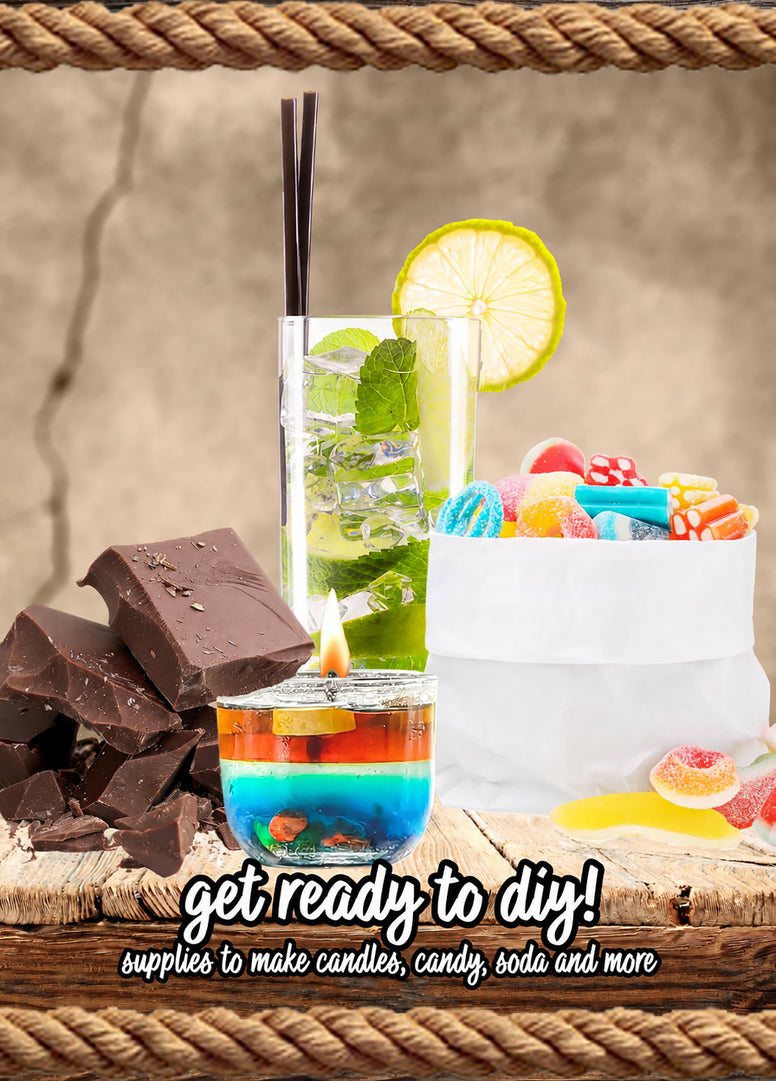 A styled promotional scene showing DIY craft supplies: a glass of green iced drink with mint and lime, a small layered candle in a clear cup, a white bag filled with colorful candies, and dark chocolate chunks on a rustic wooden surface. Text at the bottom reads 'get ready to diy! supplies to make candles, candy, soda and more'.