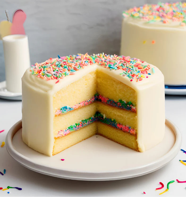 Colorful sprinkled cake with a slice taken out on a white plate.