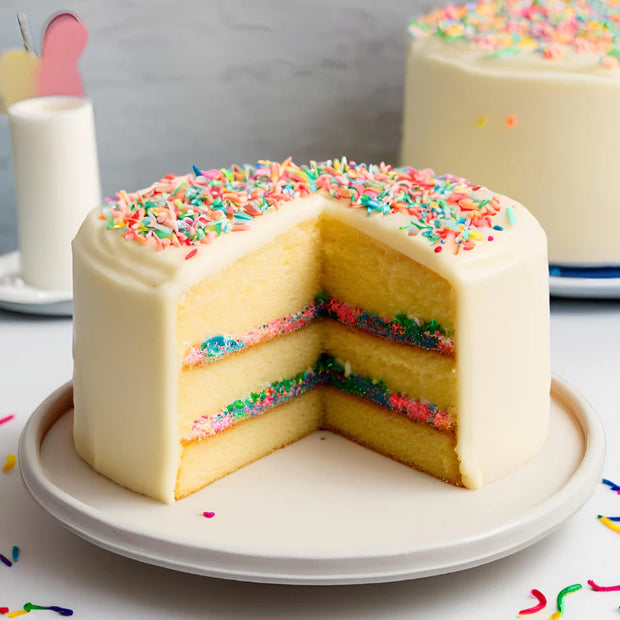 Colorful sprinkled cake with a slice taken out on a white plate.
