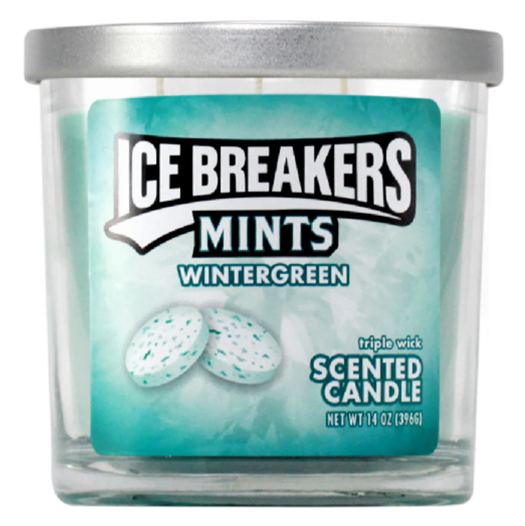 Ice Breakers Mints Wintergreen scented candle with a silver lid on a white background 14oz.