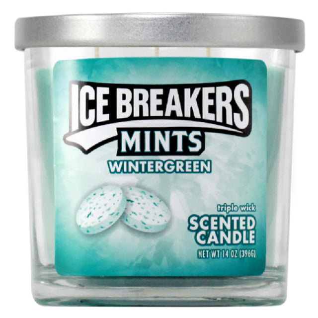 Ice Breakers Mints Wintergreen scented candle with a silver lid on a white background 14oz.