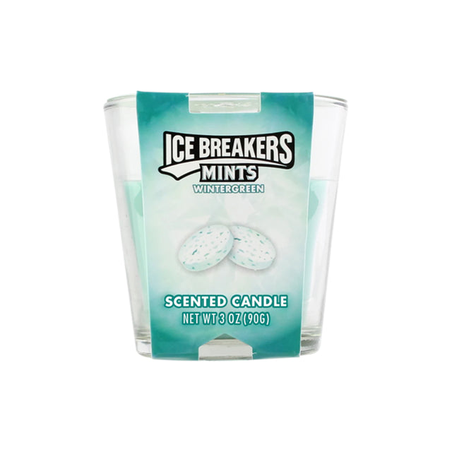 Ice Breakers Mints scented candle with teal label on a white background 3oz.