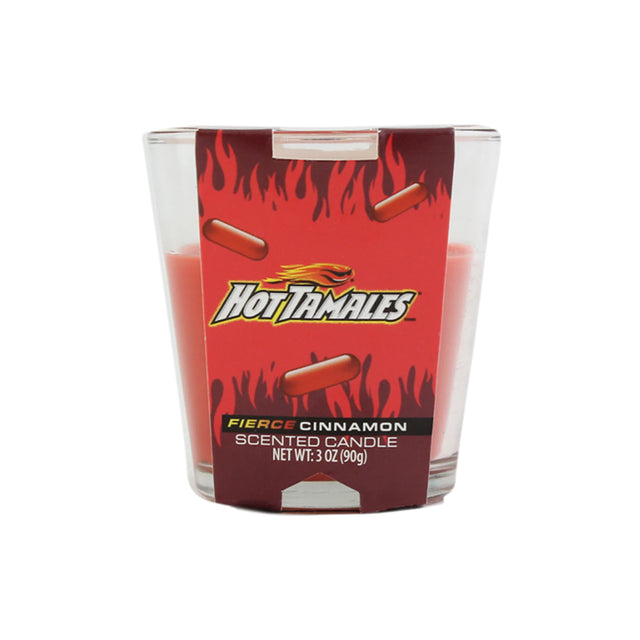 Hot Tamales Fierce Cinnamon scented candle with red label on a white background 3oz.