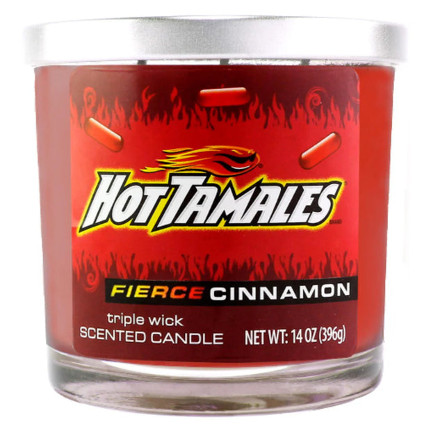 Hot Tamales Fierce Cinnamon scented candle with red label and glass container 14oz.