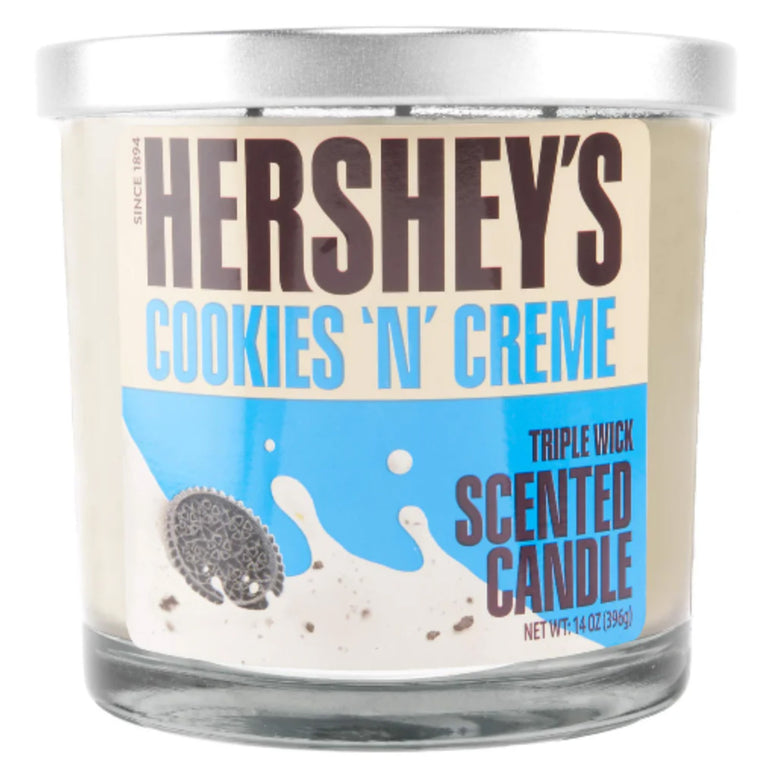 Hershey's Cookies 'N' Creme scented candle with label on a white background 14oz.