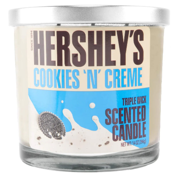Hershey's Cookies 'N' Creme scented candle with label on a white background 14oz.