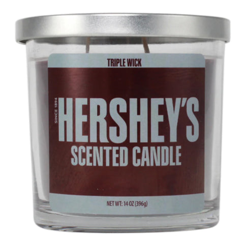 Hershey's scented candle with a silver lid on a white background 14oz.