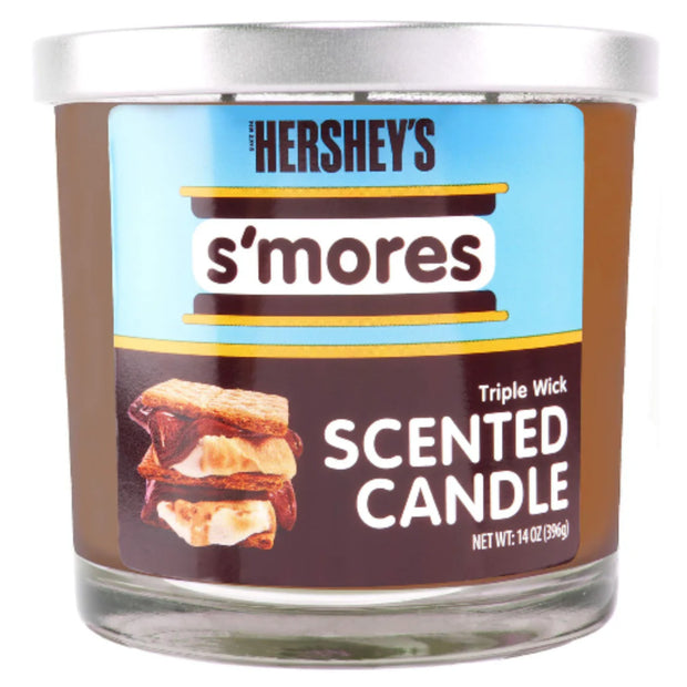 Scented candle with Hershey's s'mores label on a white background 14oz.