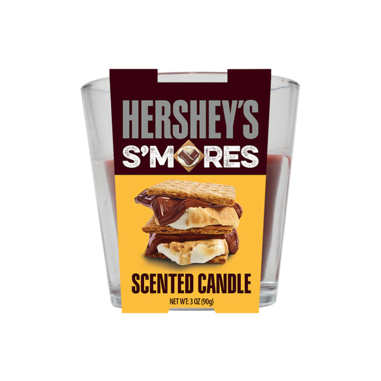 Hershey's S'mores scented candle in a glass holder with a label on a white background 3oz.