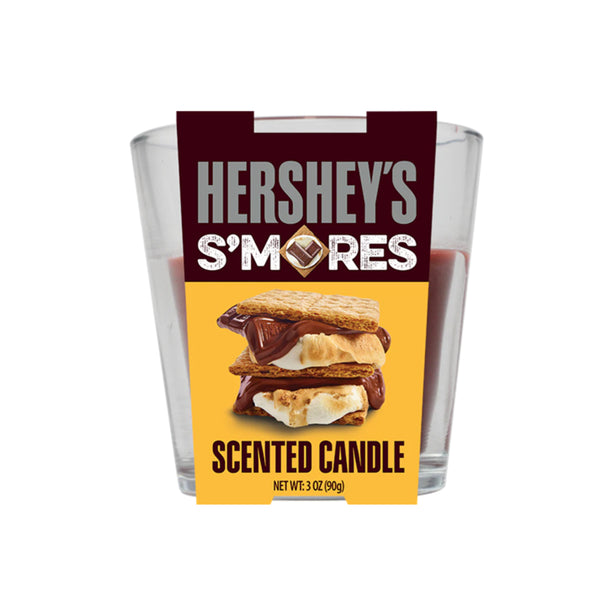 Hershey's S'mores scented candle in a glass holder with a label on a white background 3oz.
