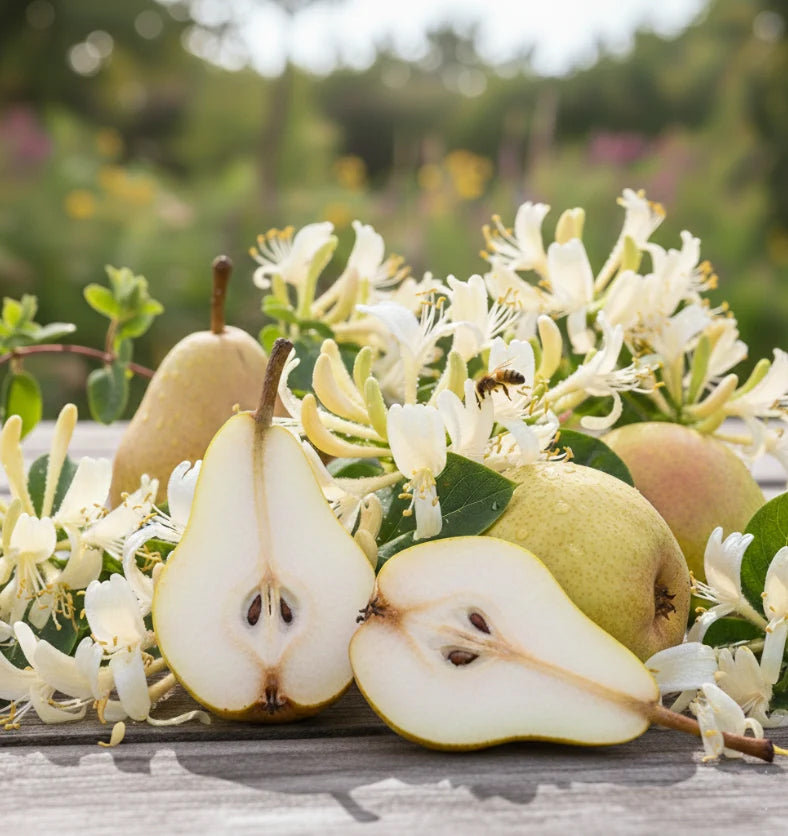 Fresh pears, including one cut open to show the interior, arranged on a wooden surface with white flowers in a garden setting.