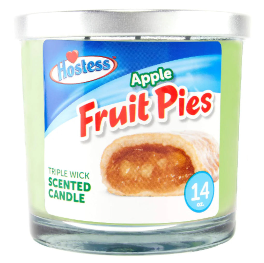Hostess Apple Fruit Pies scented candle with label and pie image on a white background 14oz.