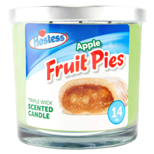 Hostess Apple Fruit Pies scented candle with label and pie image on a white background 14oz.