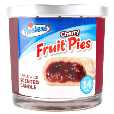 Hostess cherry fruit pies scented candle with label on a white background 14oz.