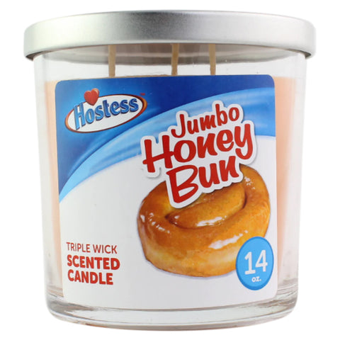 Hostess Jumbo Honey Bun scented candle with label on a white background 14oz.