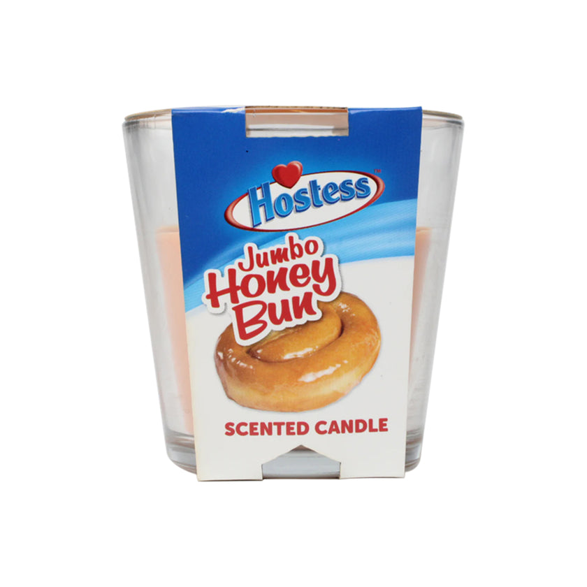 Hostess Jumbo Honey Bun scented candle in packaging on a white background 3oz.