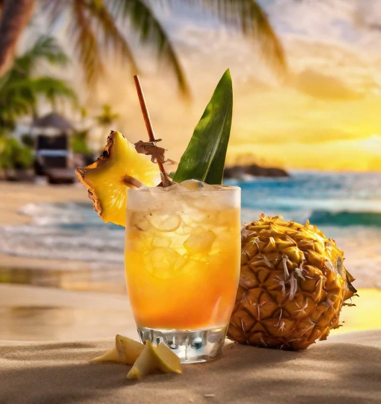 A drink of Jamaican Bay Rum with a coconut on a relaxed beach scene