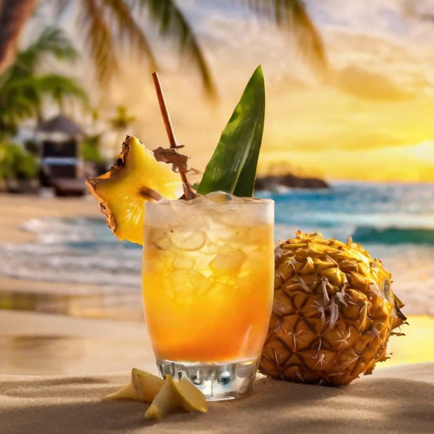 A drink of Jamaican Bay Rum with a coconut on a relaxed beach scene