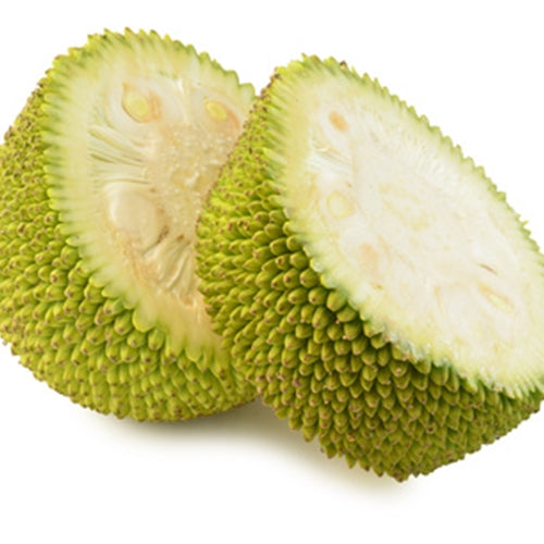 Two halves of a green jackfruit on a white background