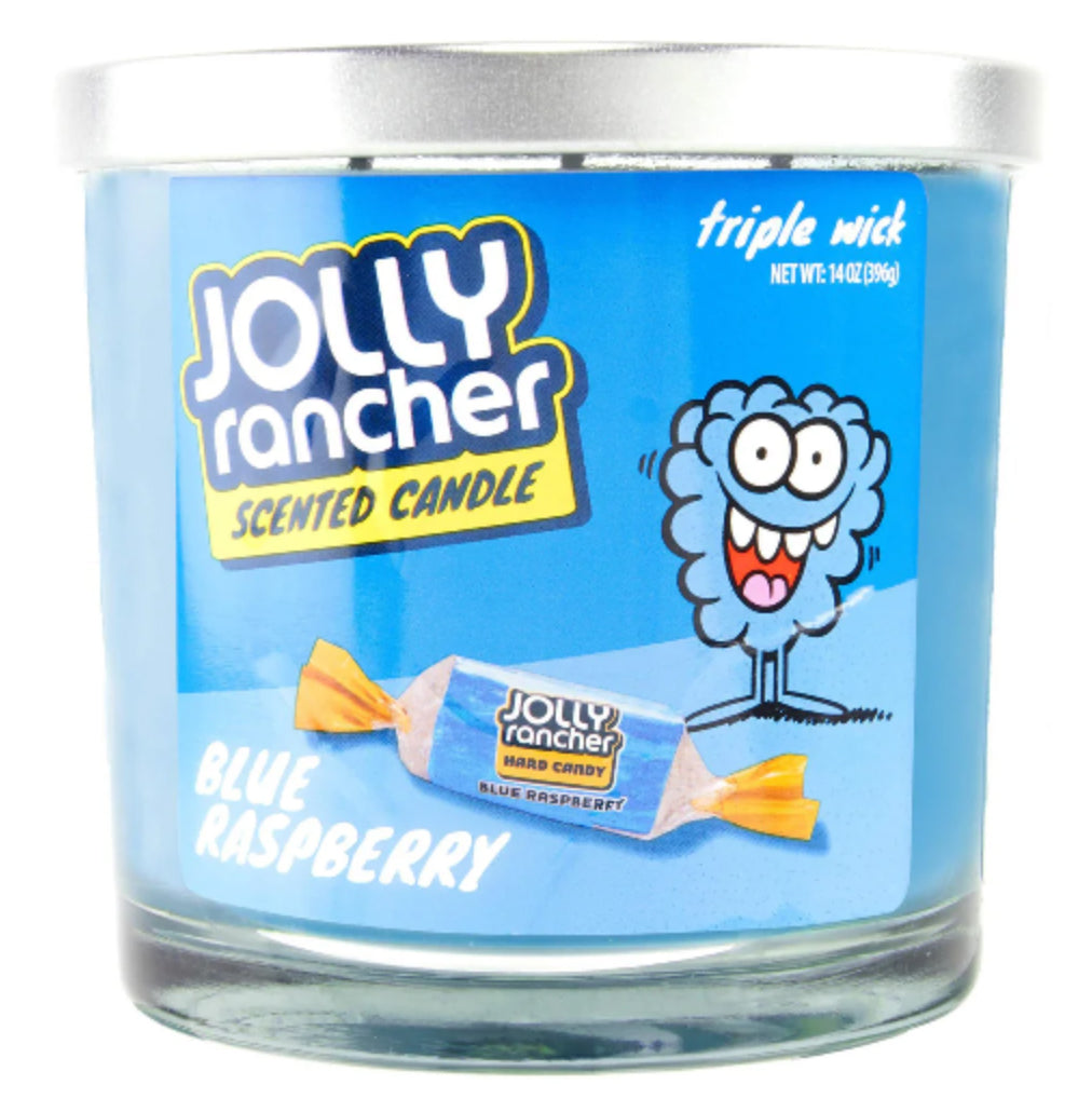 Jolly Rancher scented candle with blue label and candy illustration on a white background 14oz.