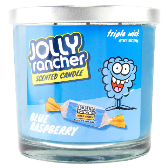 Jolly Rancher scented candle with blue label and candy illustration on a white background 14oz.
