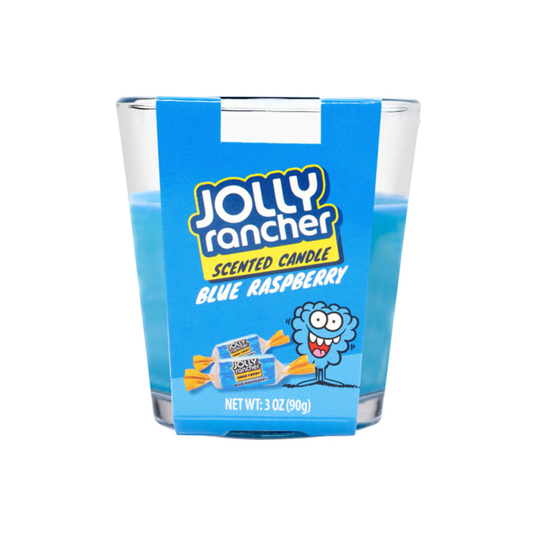 Jolly Rancher Blue Raspberry scented candle in a glass container on a white background 3oz.