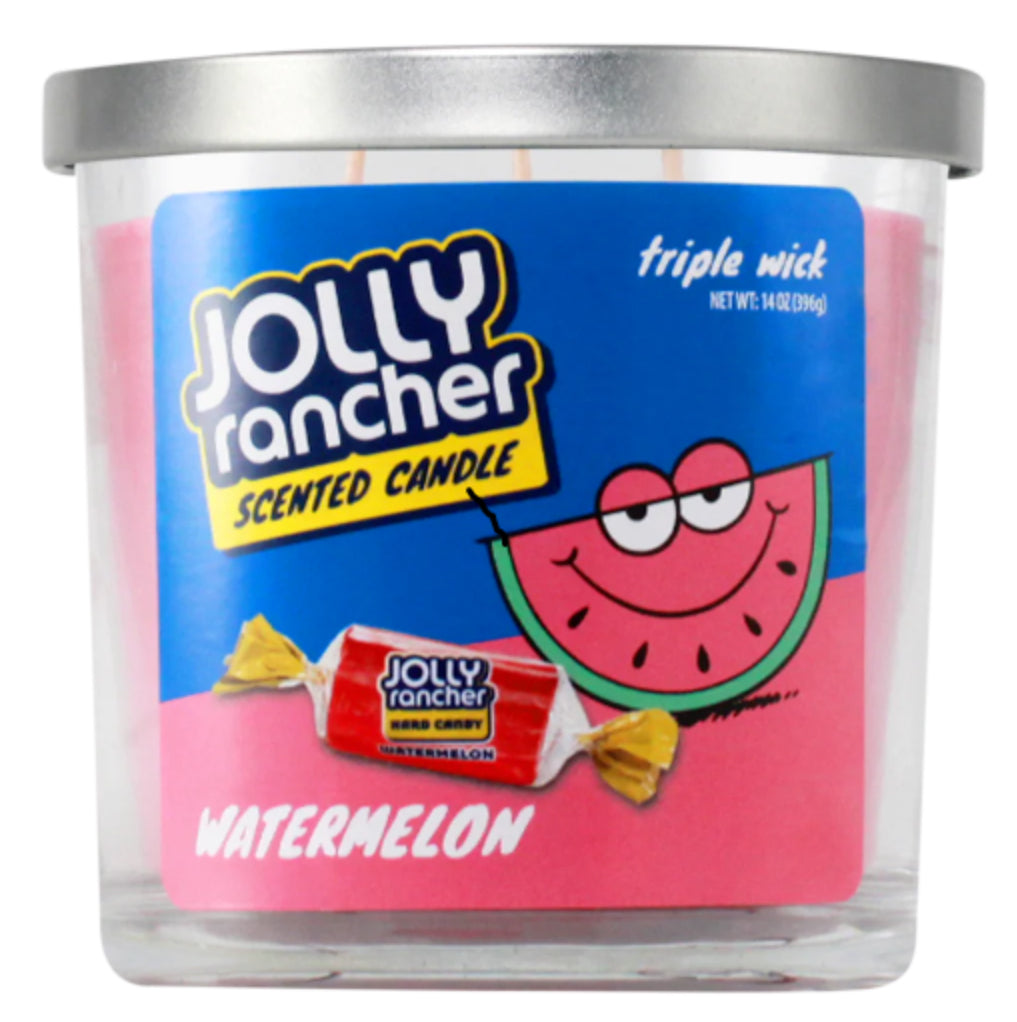 Jolly Rancher scented candle with watermelon flavour on a white background 14oz.