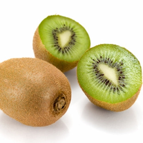 Two whole kiwis and one halved kiwi on a white background