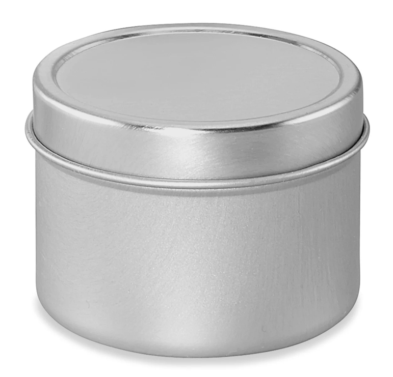Silver metal canister with lid on a white background