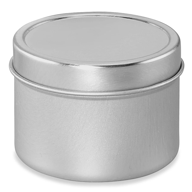 Silver metal canister with lid on a white background