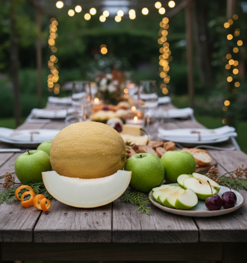 A picnic table with apples and melons laid out with plates and napkins.