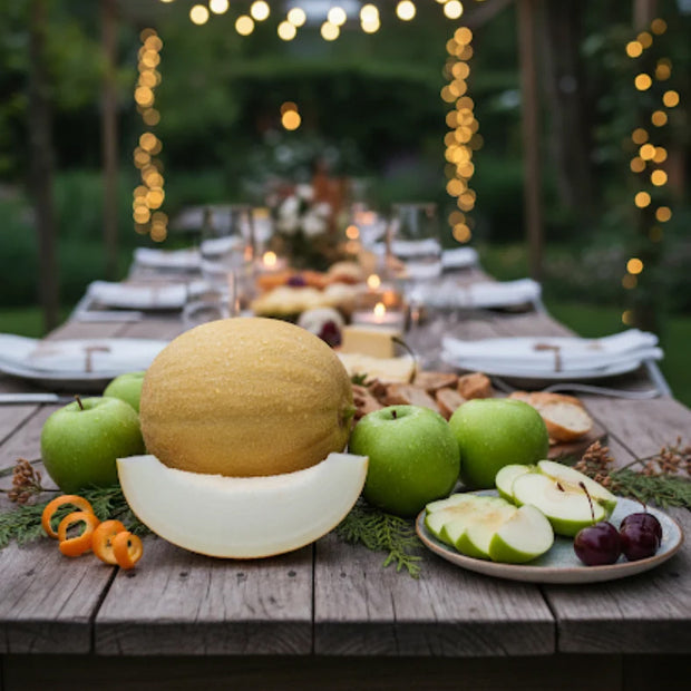 A picnic table with apples and melons laid out with plates and napkins.