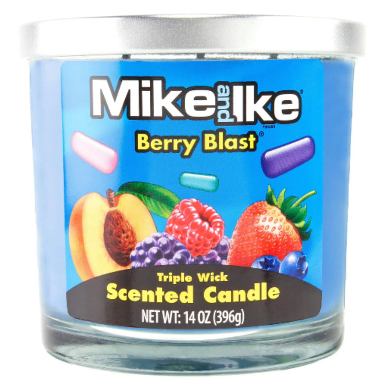 Mike and Ike Berry Blast scented candle with colourful label and fruit imagery 14oz.