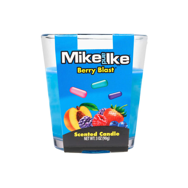 Scented candle with blue label featuring 'Mike and Ike Berry Blast' on a white background 3oz.