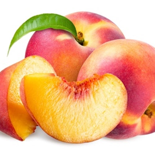 Whole peaches and a slice of peach on a white background