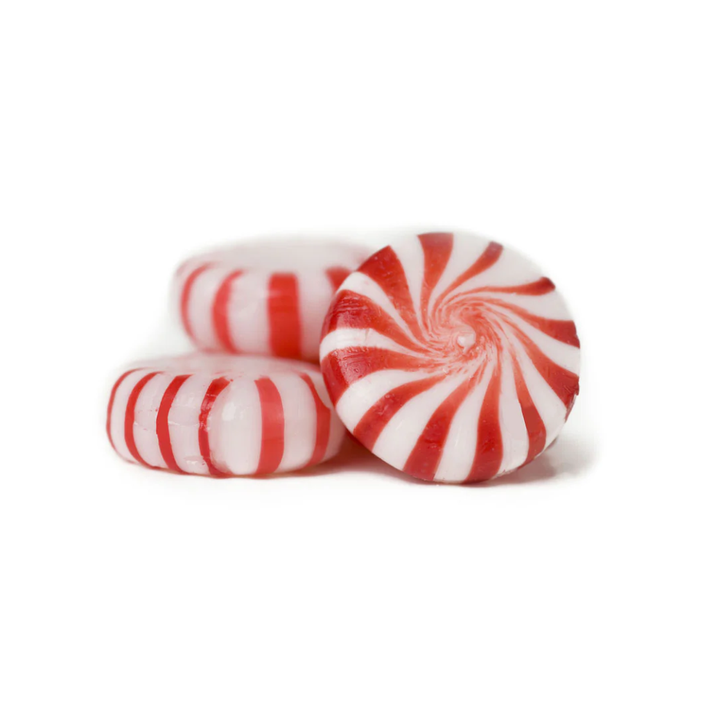 Red and white striped candy on a white background