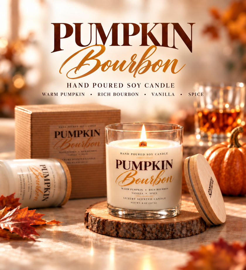 Pumpkin Bourbon hand poured soy candle in a clear glass jar with a lit flame, displayed on a wood slice coaster with its wooden box, lid, and autumn leaves around it. Large product text at the top reads 'Pumpkin Bourbon'.