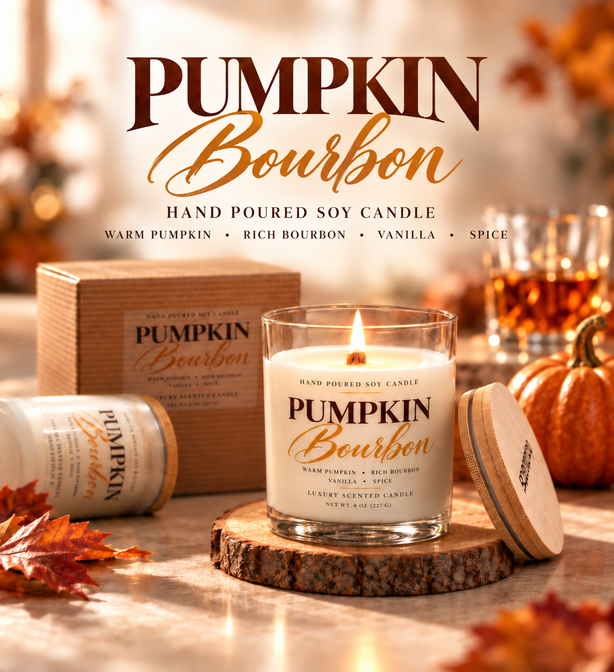 Pumpkin Bourbon hand poured soy candle in a clear glass jar with a lit flame, displayed on a wood slice coaster with its wooden box, lid, and autumn leaves around it. Large product text at the top reads 'Pumpkin Bourbon'.