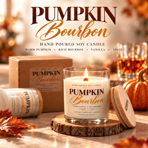 Pumpkin Bourbon hand poured soy candle in a clear glass jar with a lit flame, displayed on a wood slice coaster with its wooden box, lid, and autumn leaves around it. Large product text at the top reads 'Pumpkin Bourbon'.
