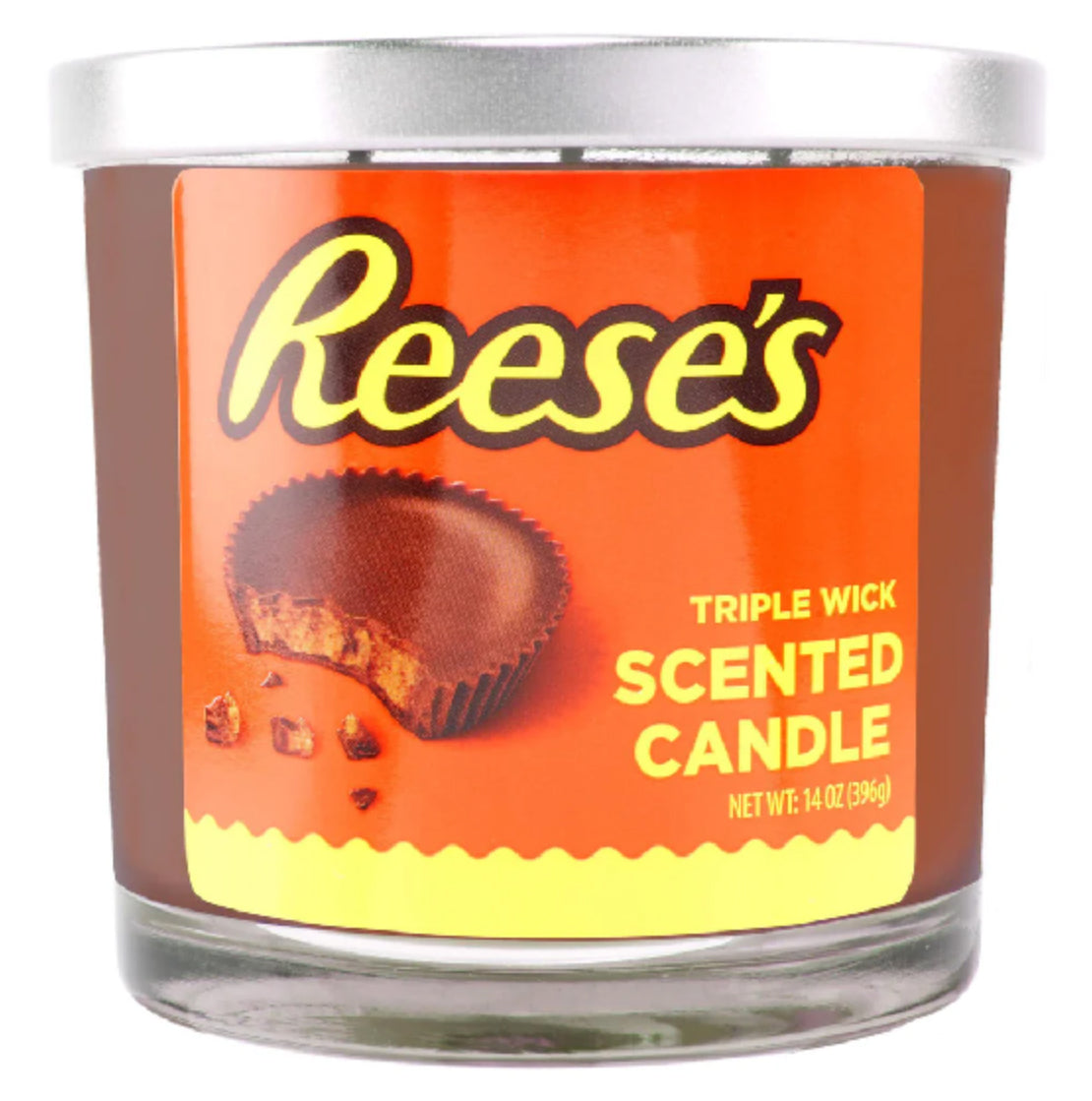 Reese's scented candle with orange label and silver lid on a white background 14oz.